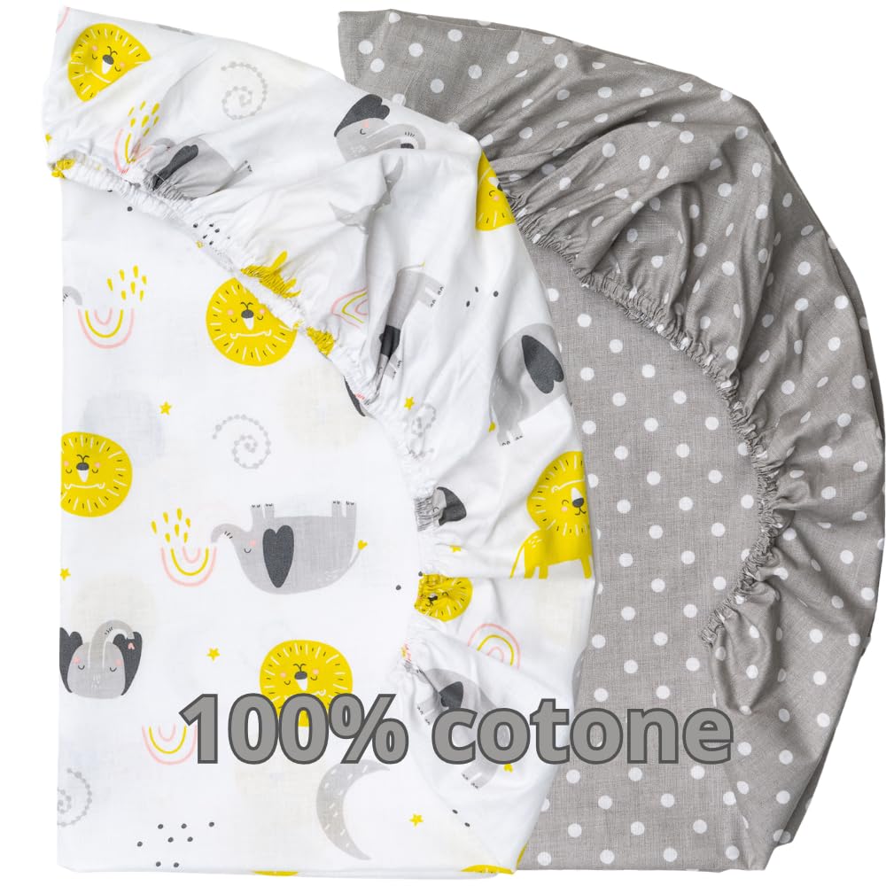 Flyideas Set 2 Lenzuola con Angoli per Carrozzina Navicella Neonato 75x35 cm – 100% Cotone Morbido e Traspirante, Adatte a Passeggini e Trio, Elefantini