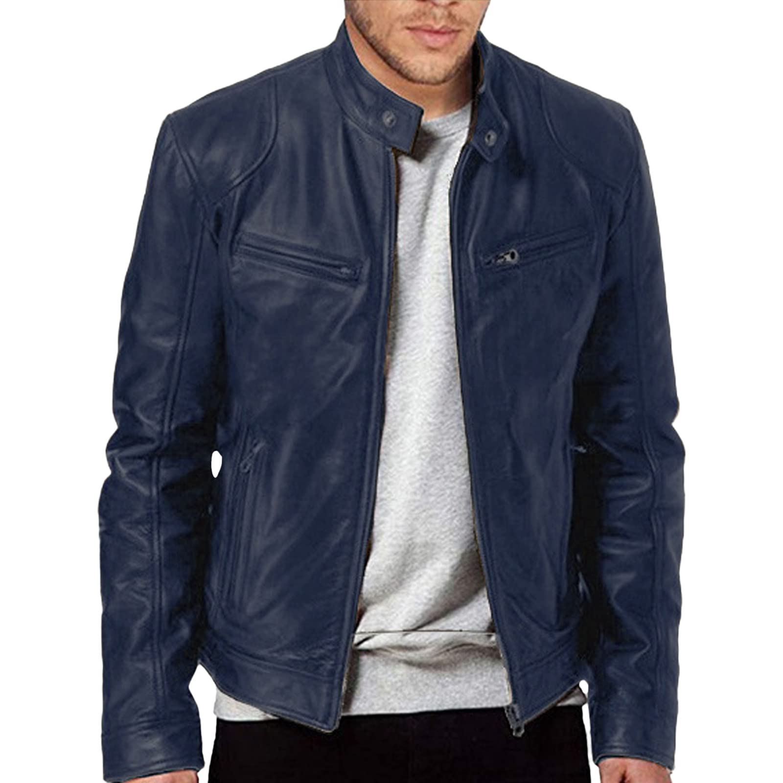 Men's Leather Biker Jacket - Vintage Leather Jacket Men Motorcycle - Stand Collar Distressed Leather Bomber Jacket Men