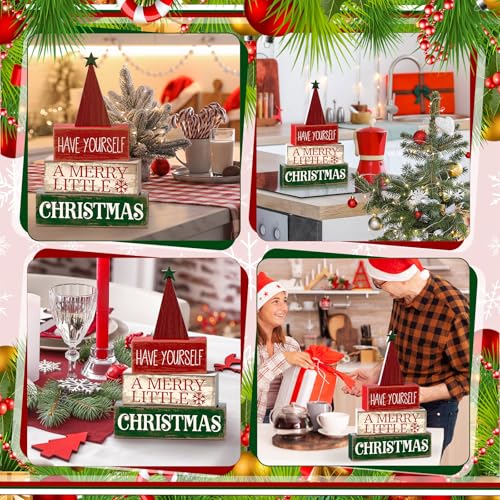 Moucuny 4 Pcs Wooden Tabletop Decor Tiered Tray Decor Rustic Wood Block Sign Gift Centerpiece Farmhouse Table Decor - Image 5