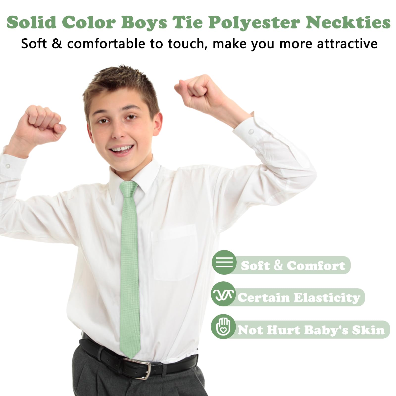 Mantieqingway Boys Ties Self Tie Solid Color Kids Ties Neckties for Graduation Uniforms Party Casual School (Age 8-14), Gifts (Green)