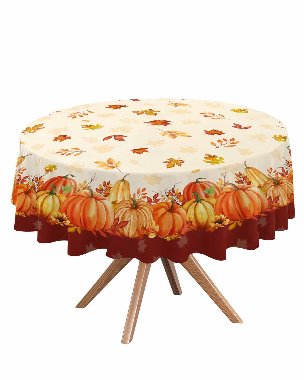 Fall Blue Pumpkins Round Fitted Tablecloth - Waterproof Elastic Cover For 36-44 Inch Tables, Thanksgiving & Holiday Decor