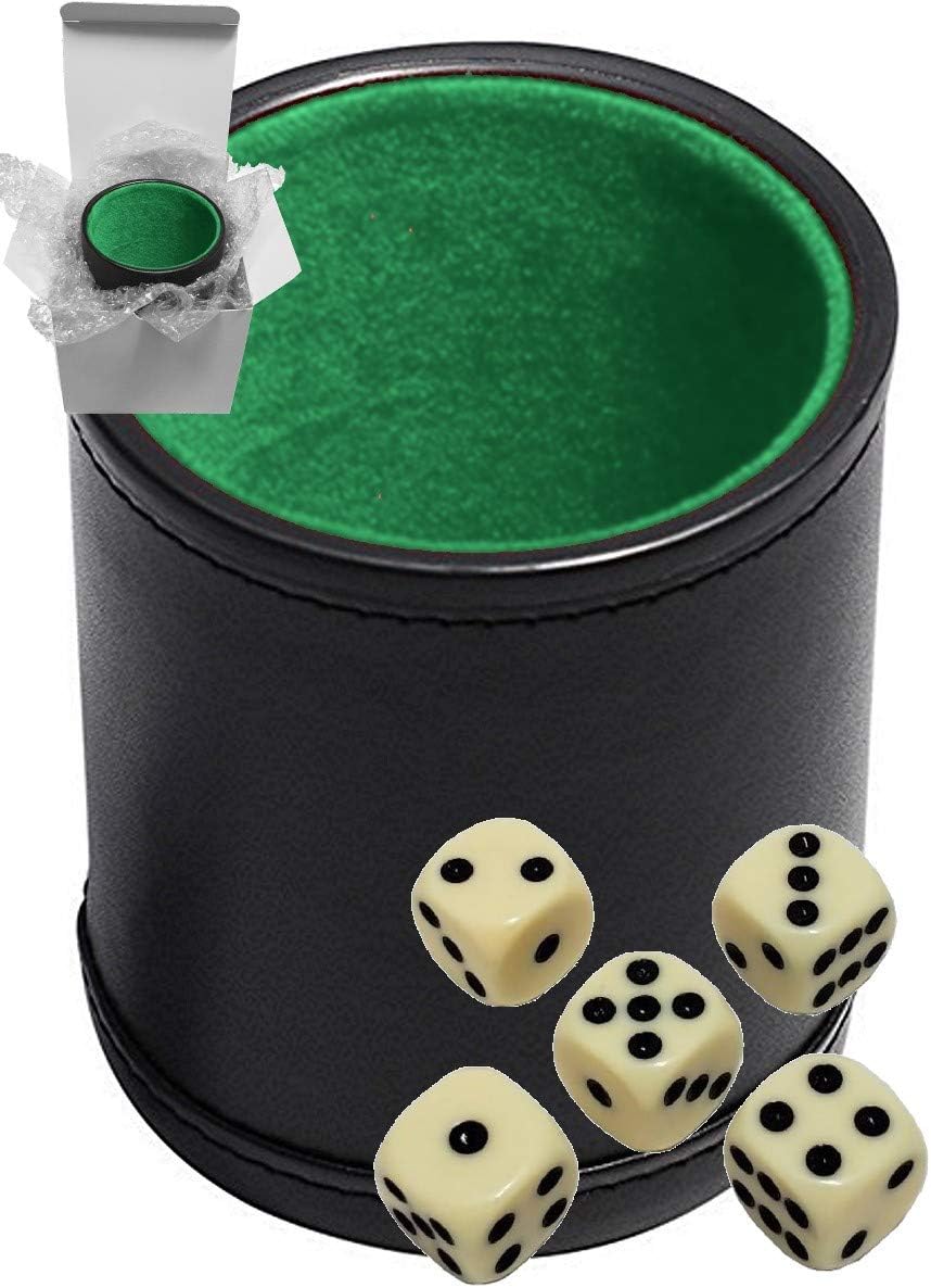 Set of 16mm Poker / Pip Dice Rounded Corners and Black PU Leather Dice Cup Plush Velvet Lined - Gift Boxed (Pip (Dot) Dice Ivory, Black/Green Cup)