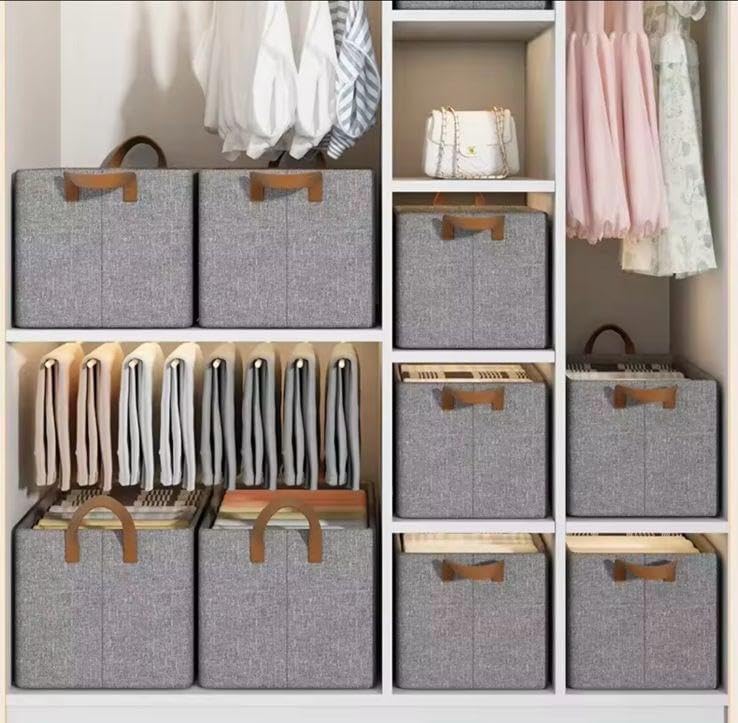 Image of HomeCloud Foldable Cloth Basket for Storage with Metal Frame and Handles, Clothes Organizer for Wardrobe, Clothing Storage Solutions (Dark Grey, Set of 2)