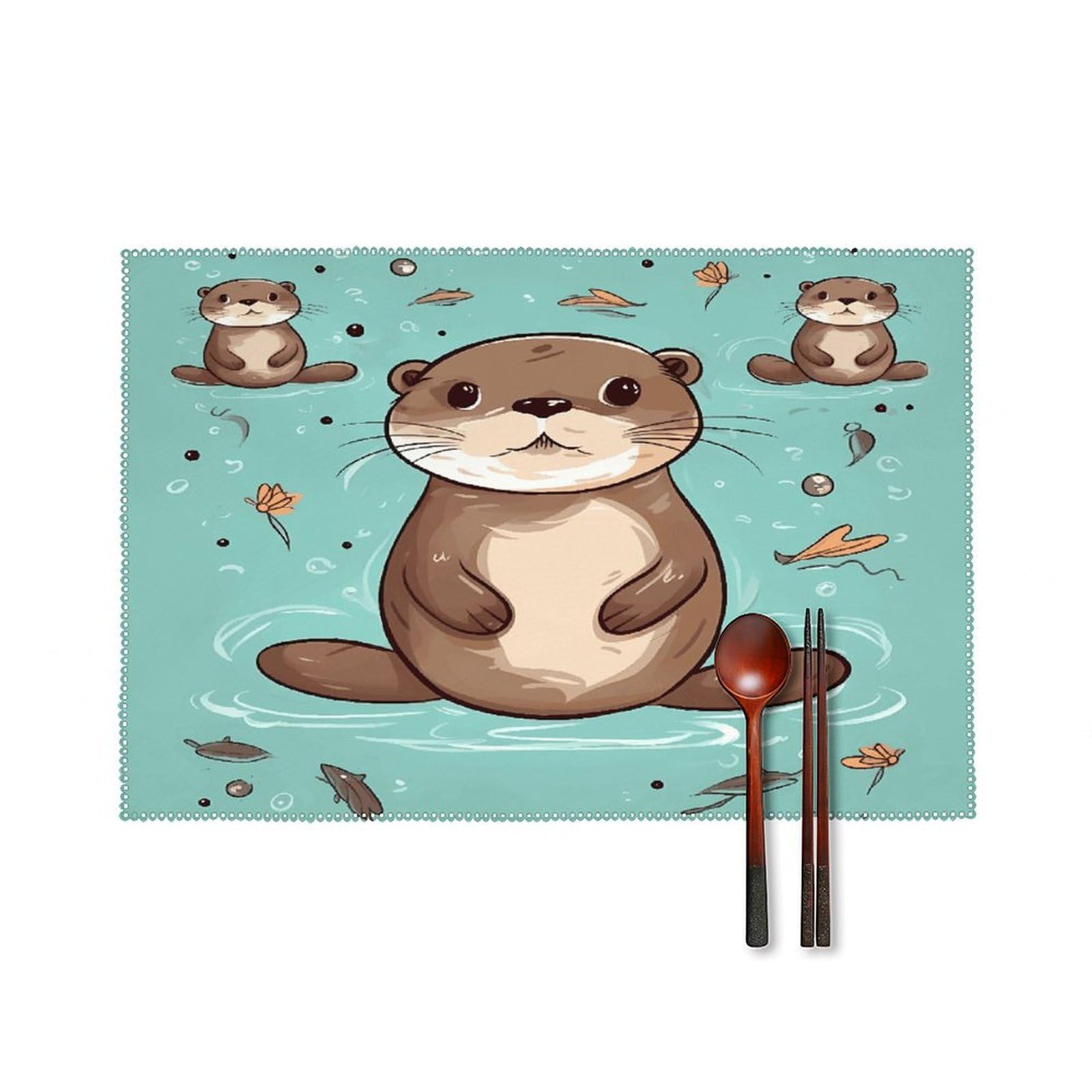 Cartoon Cute Otter Placemats Set of 4 Canvas Washable Cloth Place Mats Wipeable Heat Resistant Table Mats Elegant Cloth Placemat for Kitchen Dinning Party Table Decor 12" X 18"
