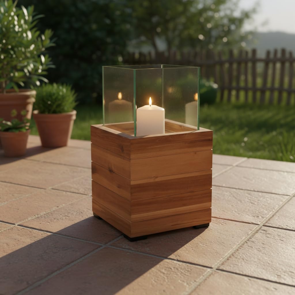 Windlicht Laterne Dekoleuchte Holz Akazie 21,5 x 21,5 x 40 cm Innen- und Außenbereich Dunkelbraun