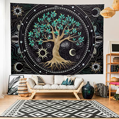 Image of FLY SPRAY Aesthetic Tree of Life Tapestry Trippy Wall Tapestry Hippie Sun Moon Star Galaxy Space Tapestries Forest Wall Hanging Decor Vibrant Nature Home Decoration for Bedroom, Living Room, Dorm