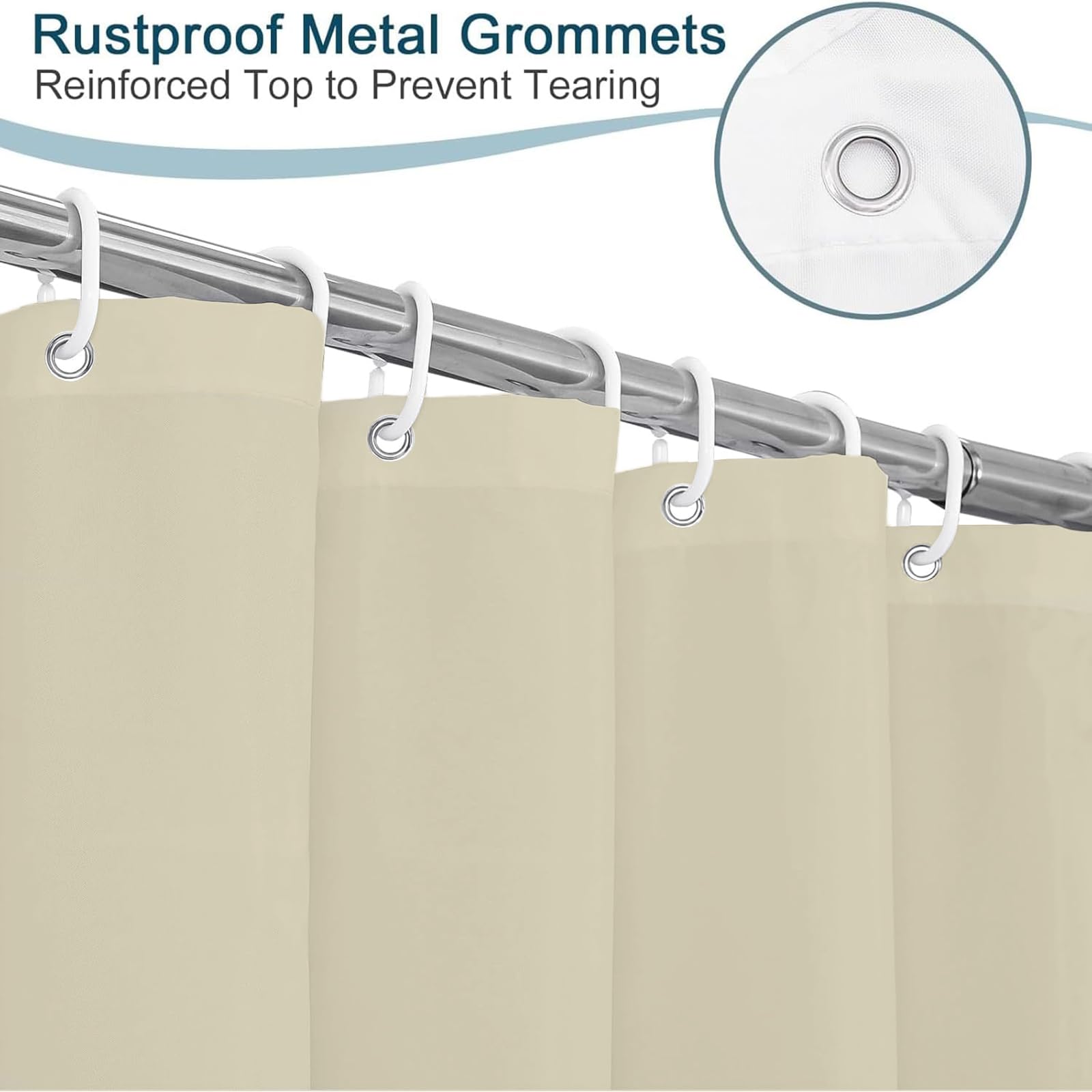 Rideau Douche 200 x 110 cm Rideau de Douche Court pour Salle de Bain Résistant à l'eau et à La Moisissure, Tissu Polyester Lavable en Machine, avec 12 Crochets, Couleur Crème