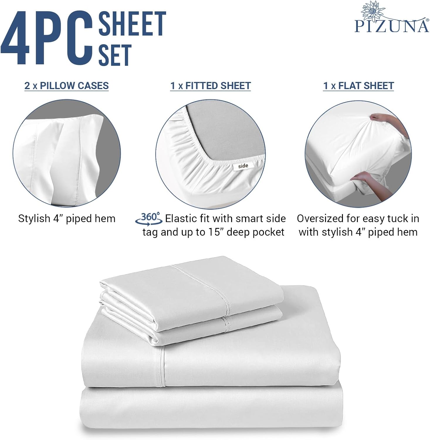 Pizuna Pure 100% Luxury Cotton California King Sheets Set White, 1000 Thread Count Long Staple Cotton, Thick Sateen Cal King Sheet Set 15" Deep Pocket (Combed Cotton Bed Sheet Set)