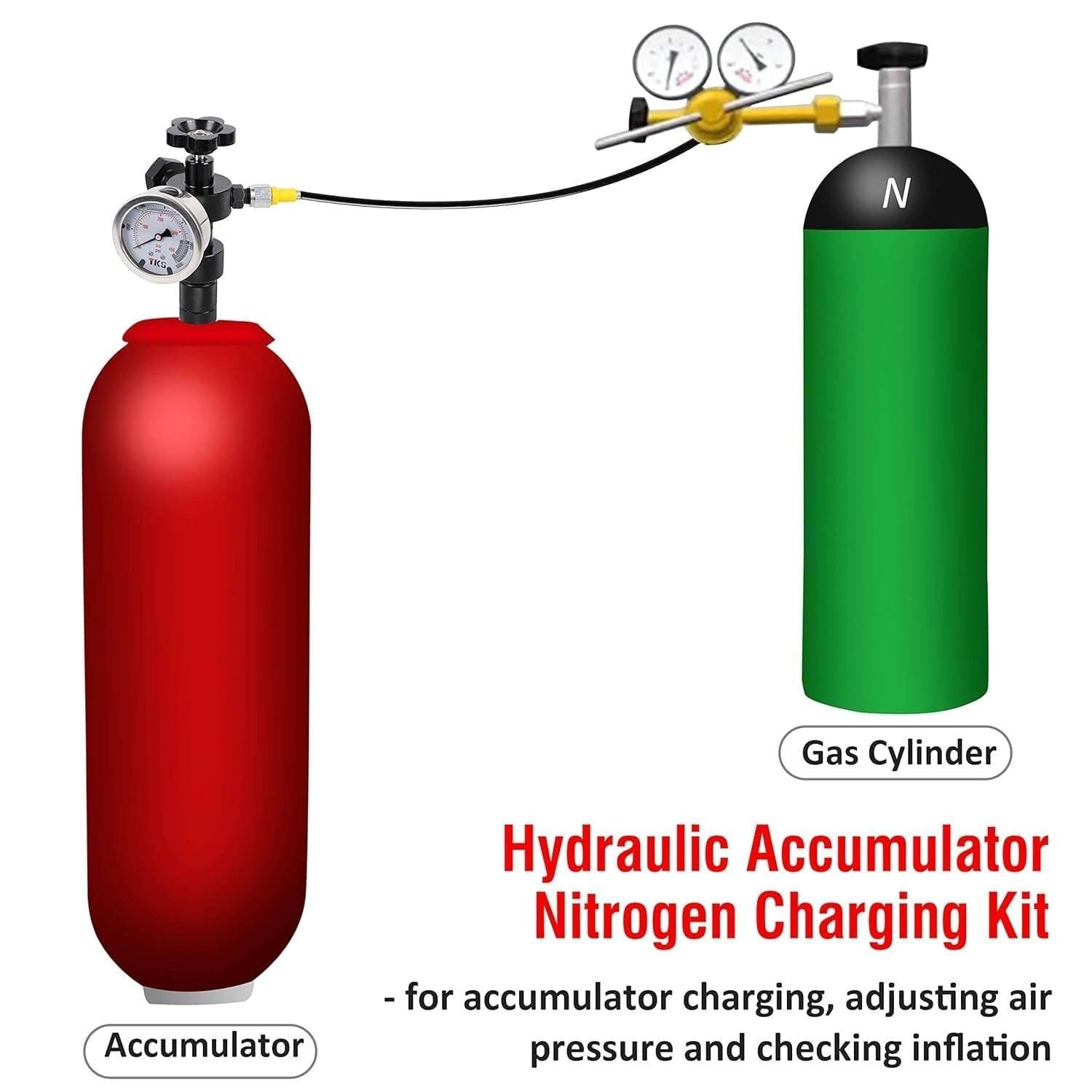 Kit de Carga de acumulador de nitrógeno hidráulico, Kit de llenado de nitrógeno, Sistema de Prueba de presión, Herramientas de Carga de Gas con 7 s, 3 manómetros, 1 Manguera de Gas