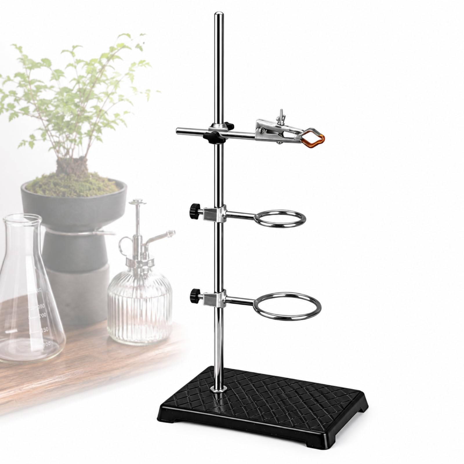 Vhewq Laboratory Retort Support Stand, Chemistry Laboratory Stand Set With A Burette Clamp & 2 Flask Ring Clamps, Stainless Steel Rod And Stable Base, Industrial Style Shelves, For 60cm