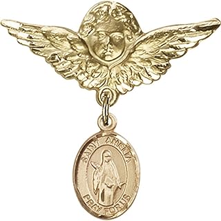14kt Yellow Gold Baby Badge with St. Amelia Charm and Angel w/Wings Badge Pin 1 1/8 X 1 1/8 inches