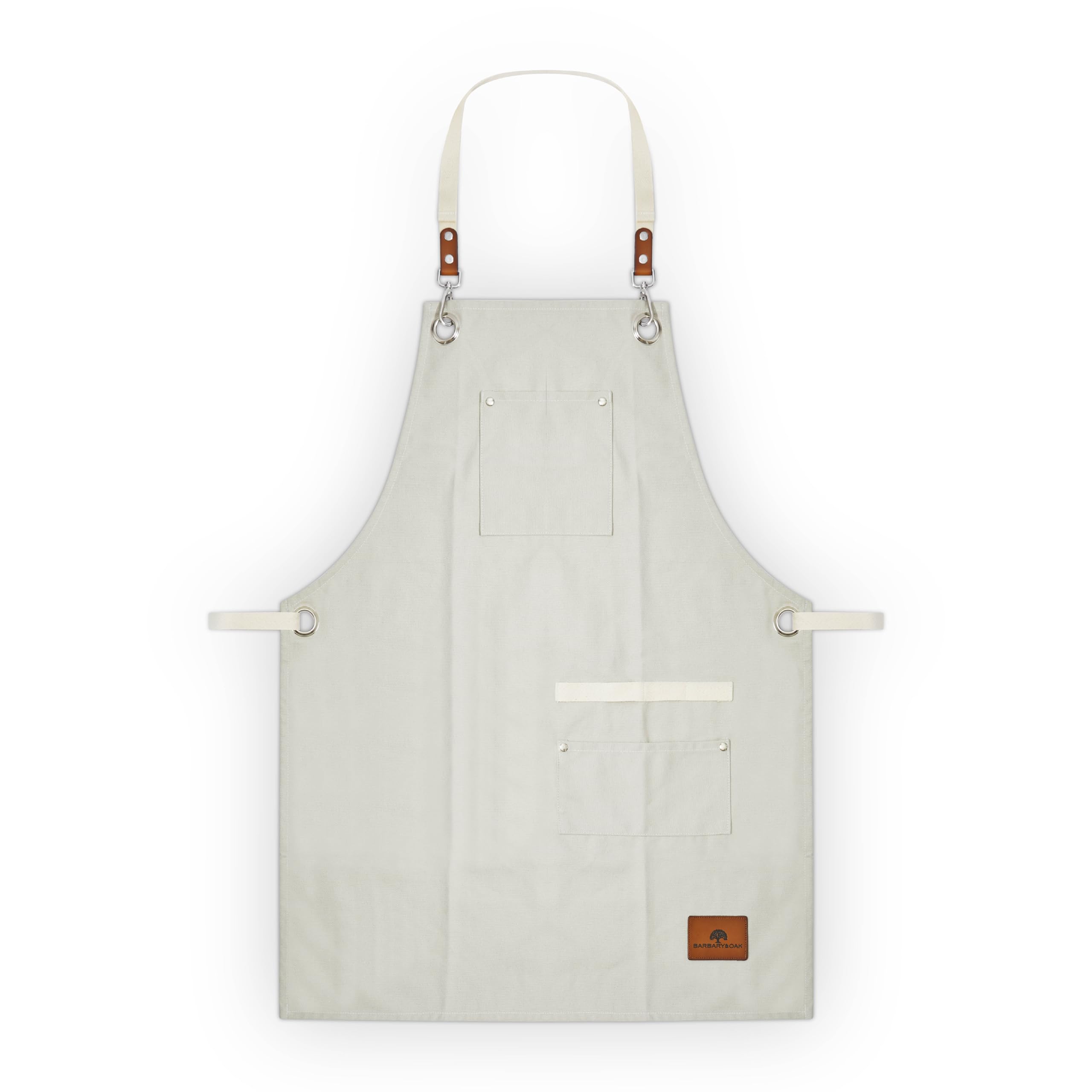 Barbary & Oak BO877004 Cotton Apron with Leather Details, Adjustable Straps, 4 Pockets, Cream