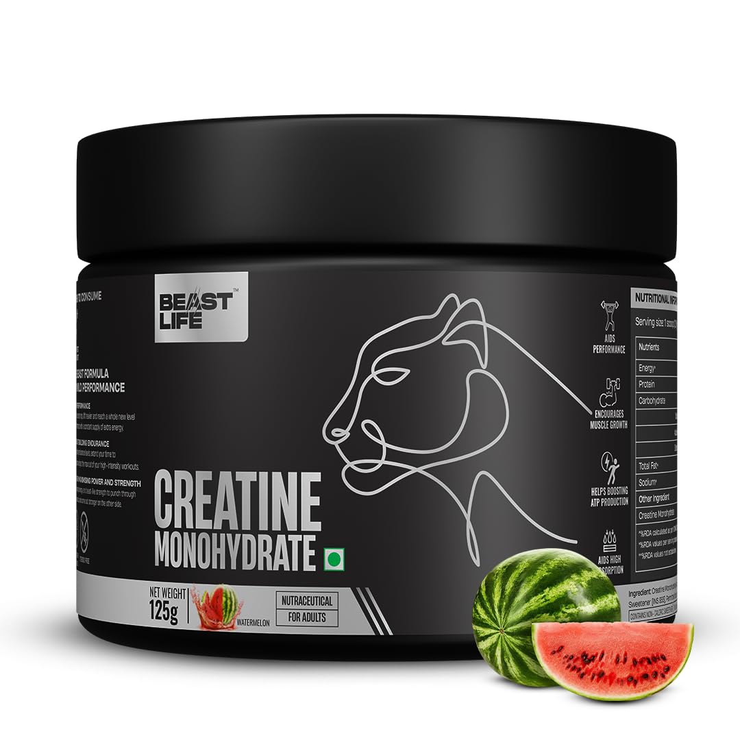 BeastLife Micronised Creatine Monohydrate Powder Watermelon 125g | 33 Servings | NABL Lab Tested | Rapid Absorption for Muscle Strength & Athletic Performance