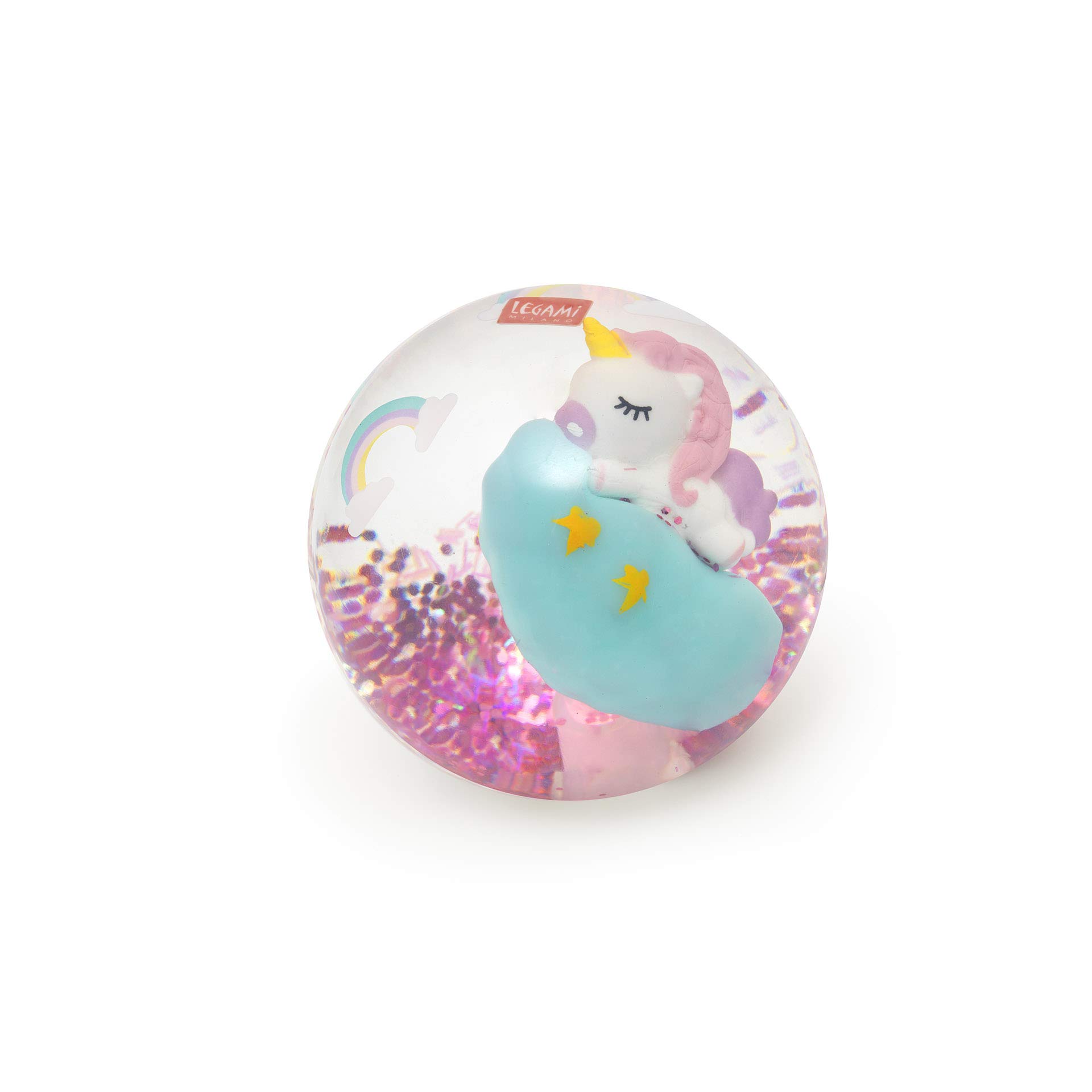 LEGAMI - Unicorn Themed Luminous Bouncy Ball Glow in Bouncy Glitter Details Batteries Included Non-replaceable Diameter 8.3cm White