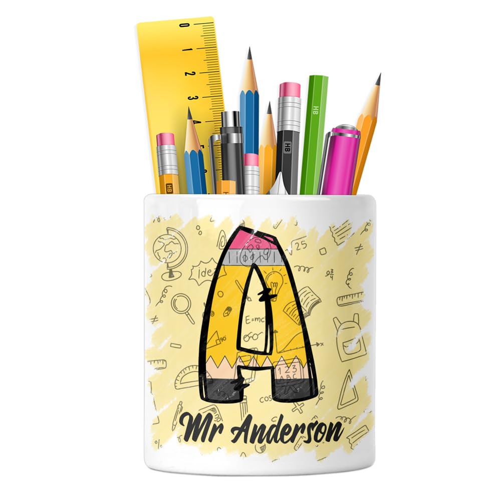 Personalised - Teacher Pen Pot - Name & Initial - Desk Organiser Tidy for School, Nursery or Office - End of Term Gift for Teachers, Teaching Assistant, TA - Ceramic Pencil Stationary Holder (Pencil) โ image 1