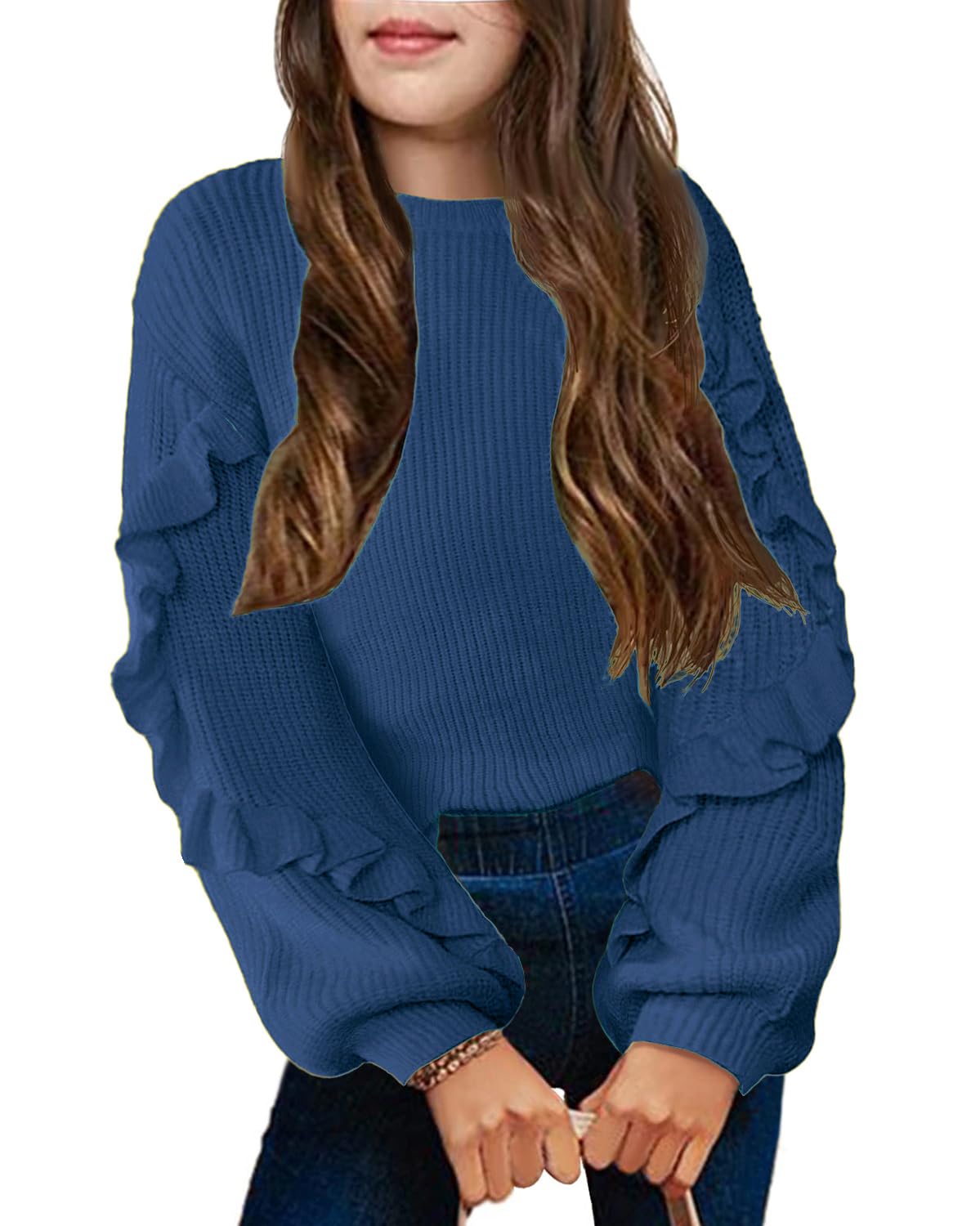 Arshiner Girls Long Lantern Sleeve Sweaters Crew Neck Knit Pullover Jumper Top