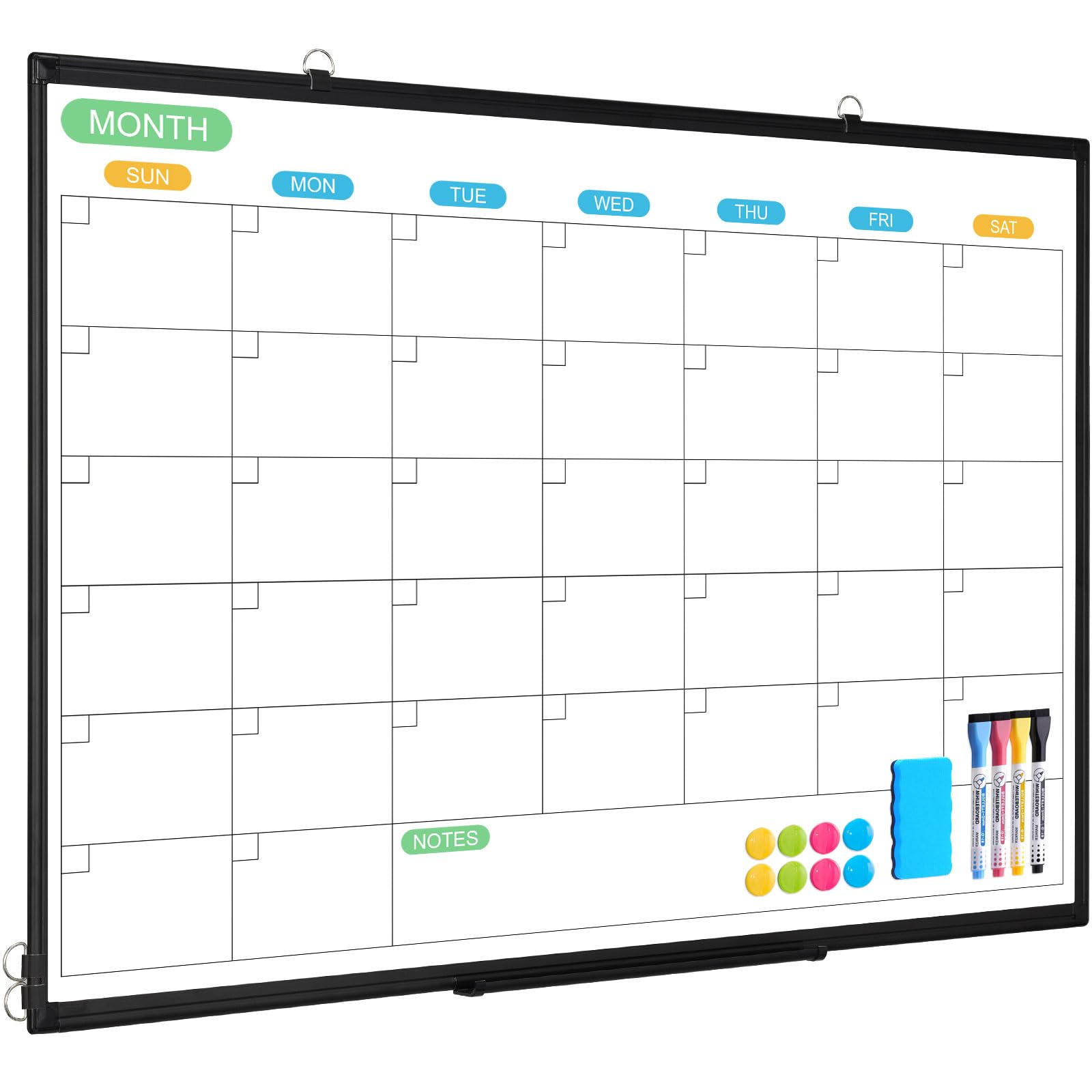 WALGLASS Dry Erase Calendar Whiteboard for Wall, 36" x 24" Double-Sided Monthly Calendar White Board with Black Aluminum Frame, Hanging or Wall Mount