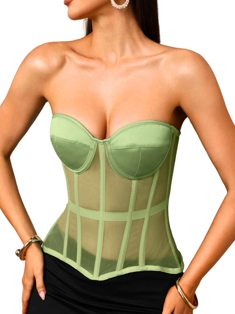 Kaei&amp;Shi Women's Strapless Mesh Corset Top, Padded Lace-Up Bustier