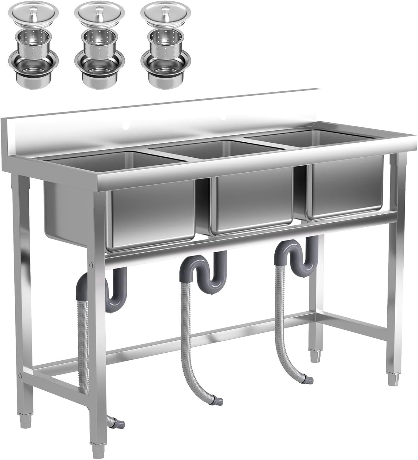 3 Compartment Sink Stainless Steel Utility Sink Freestanding Kitchen Sinks 51"x19.7"x31.5" Commercial Triple Bowl Sinks for Food Truck, Bar, Restaurant