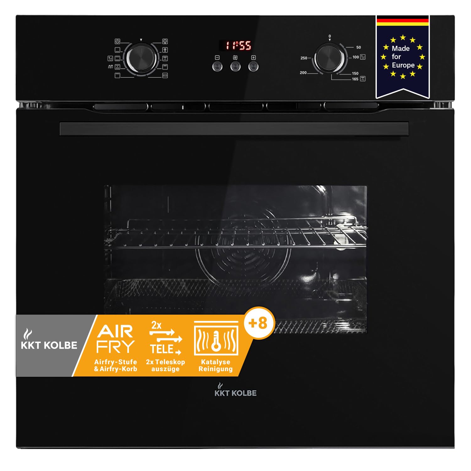KKT KOLBE AirFryer-Einbaubackofen BO8010FB, 60 cm, 70 L, schwarz | autark, 3 kW, Full-Black-Design, AirFry, Katalyse-Selbstreinigung, Umluft, Heißluft, Teleskopauszüge, Heißluftfritteuse