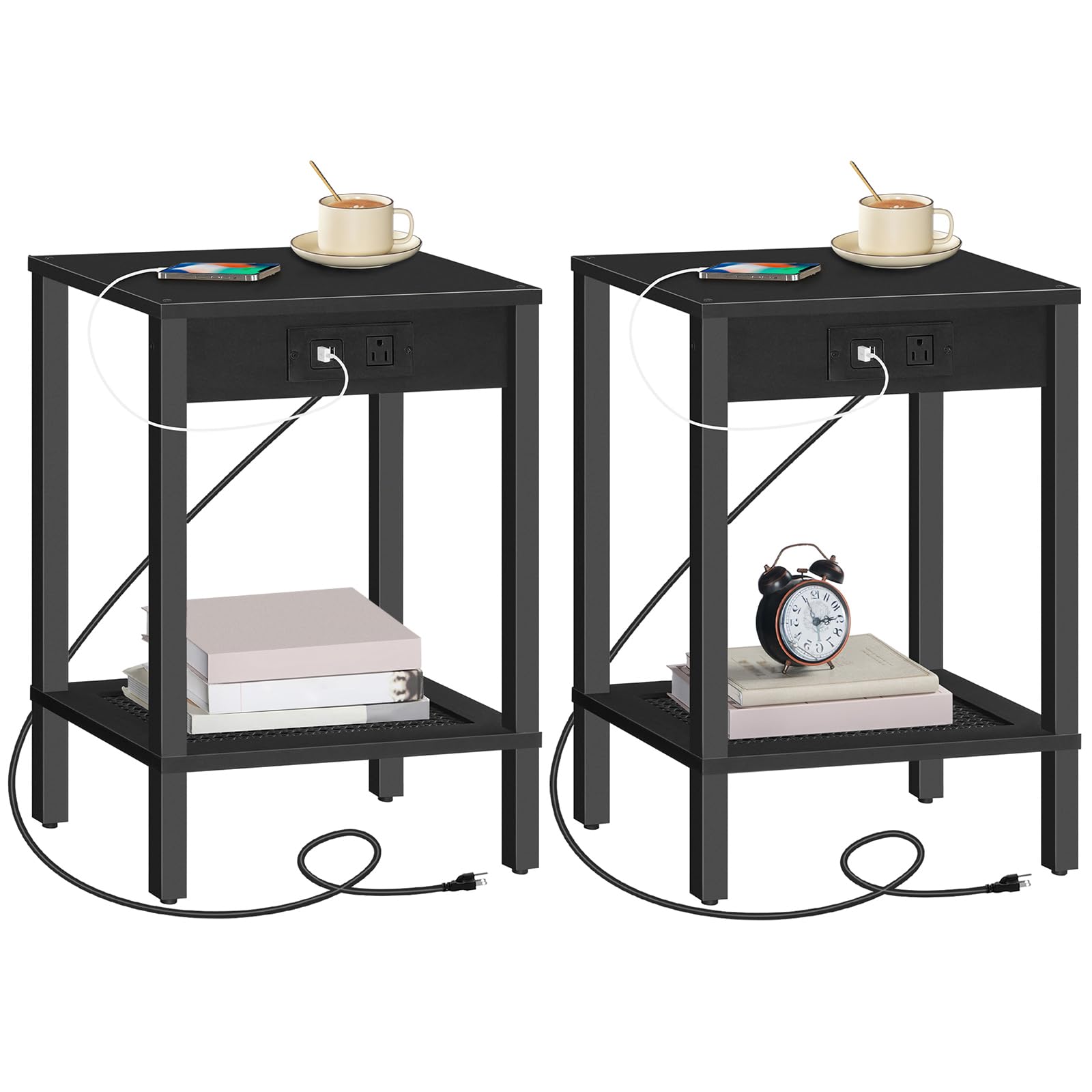 HOOBRO Side Table with Charging Station, Set of 2 End Table with USB Ports and Outlet, Nightstand with 2-Tier Storage Shelf, Faux Rattan Decoration,