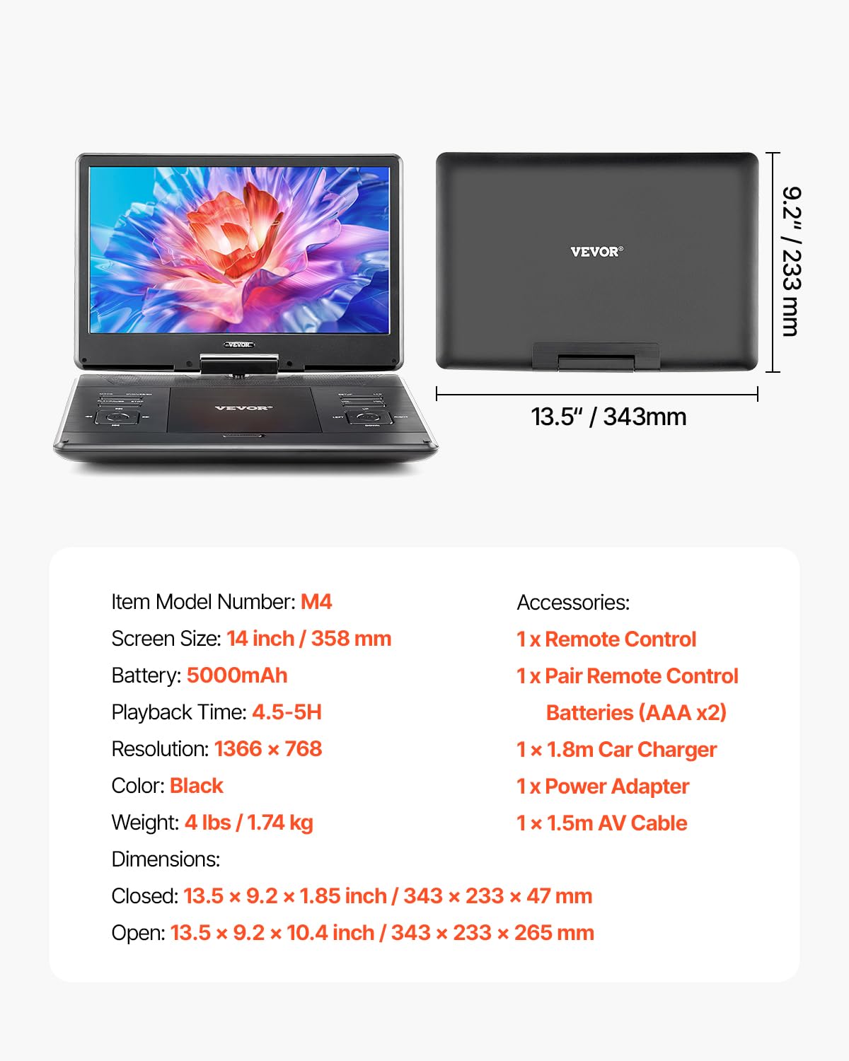 VEVOR tragbarer DVD-Player mit drehbarem HD-Bildschirm (358 mm), eingebauter Akku mit 4,5-5 h Laufzeit, 2 Lautsprecher, unterstützt Synchronisierung von TV/USB/SD-Karte/CD/DVD, Autoladegerät schwarz
