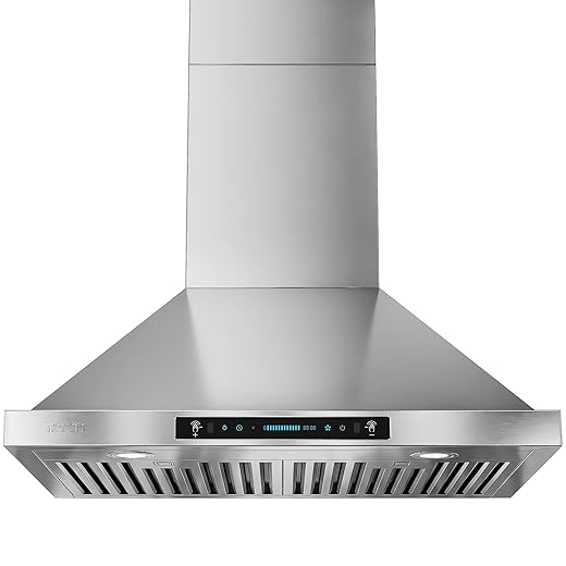 IKTCH 30-inch Wall Mount Range Hood 900 CFM Ducted/Ductless Convertible, Kitchen Chimney Vent Stainless Steel with Gesture Sensing & Touch Control Switch Panel, 2 Pcs Adjustable Lights(IKP02-30'')