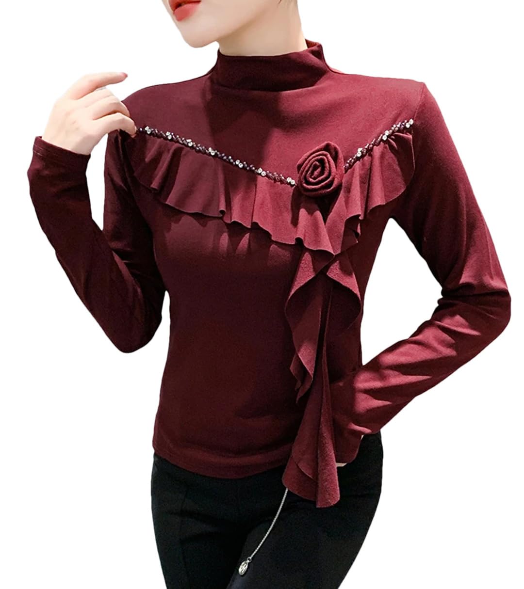 Dolcevita a maniche lunghe da donna con volant e perline, A1, XL