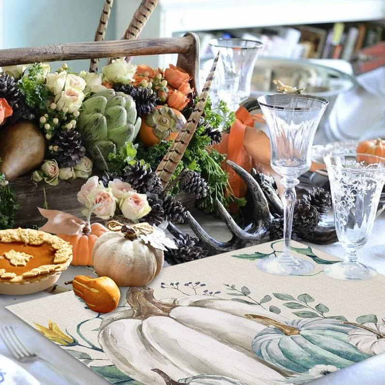 Miniatura 4 de Juego de 6 manteles individuales de otoño, diseño de calabaza, para cocina, comedor, casa de campo, resistentes al calor, de lino de algodón, para