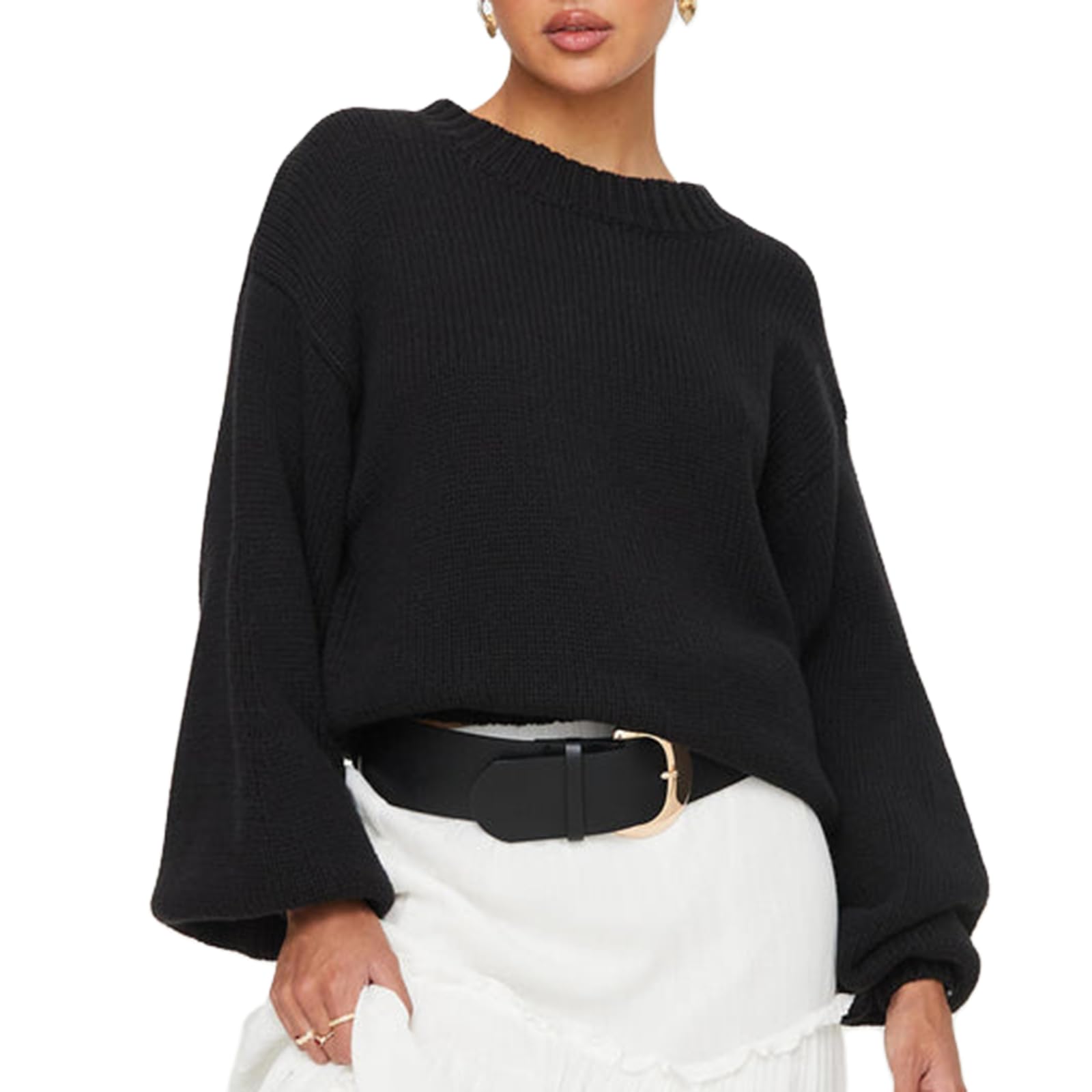 Womens Oversized Sweaters Puff Long Sleeve Crewneck Pullover Sweaters Chunky Knit Jumper Tops Winter Clothing
