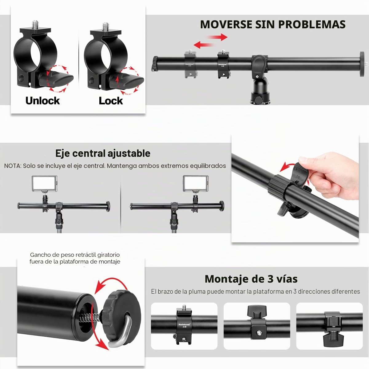 Koolehaoda Brazo de extensión de trípode 83 cm, brazo de extensión horizontal central, tubo 28 mm, base giratoria 360° para fotografía superior y macro, carga hasta