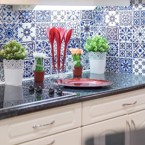 Image of FOKRIM Marble Wallpaper Sticker Blue Floral 60x200cm Peel and Stick, Removable, Self-Adhesive, Waterproof, Decorative Wallpaper for Home, Kitchen, Bedroom, Office