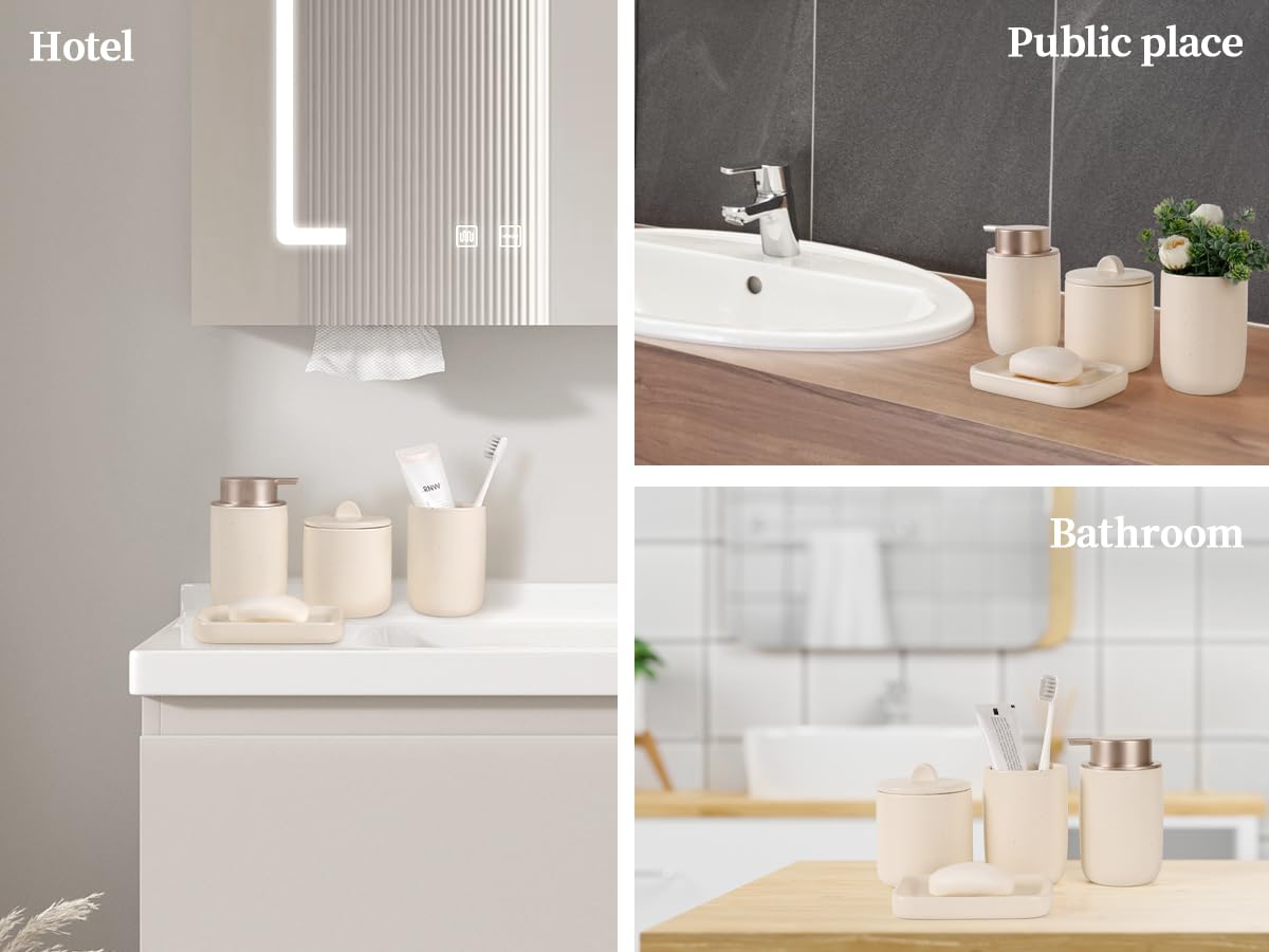 BosilunLife Set di 4 accessori da bagno in ceramica – Set di sapone da bagno, dispenser per schiuma, portasapone, portaspazzolino/bicchiere, barattolo per cotton fioc (beige tascabile, schiuma)