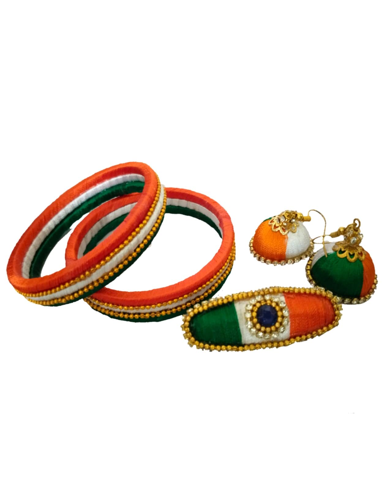 mayani Mayank Creations Silk Thread Tricolour Combo for Independence Day and Republic Day Combo contains Bangles, Jhumkas and Saree pin-picture-46