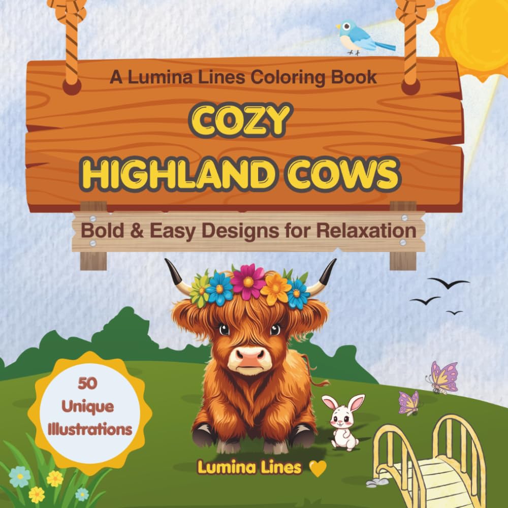 Cozy Highland Cows: 50 Bold and Easy Highland Cow Coloring Pages for Adults and Kids, Simple and Large Designs for Relaxation and Stress Relief, Cozy Animal Illustrations.