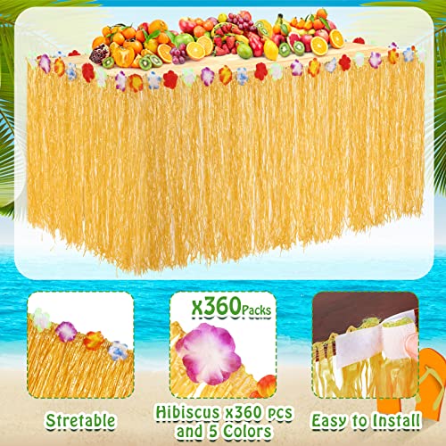 Juexica 12 Packs Luau Grass Table Skirt 9 ft x 30 in Grass Hawaiian Table Faux Hibiscus Flowers Hula Skirts for Tropical Hawaiian Party Decorations(Yellow) by Juexica - Image 3