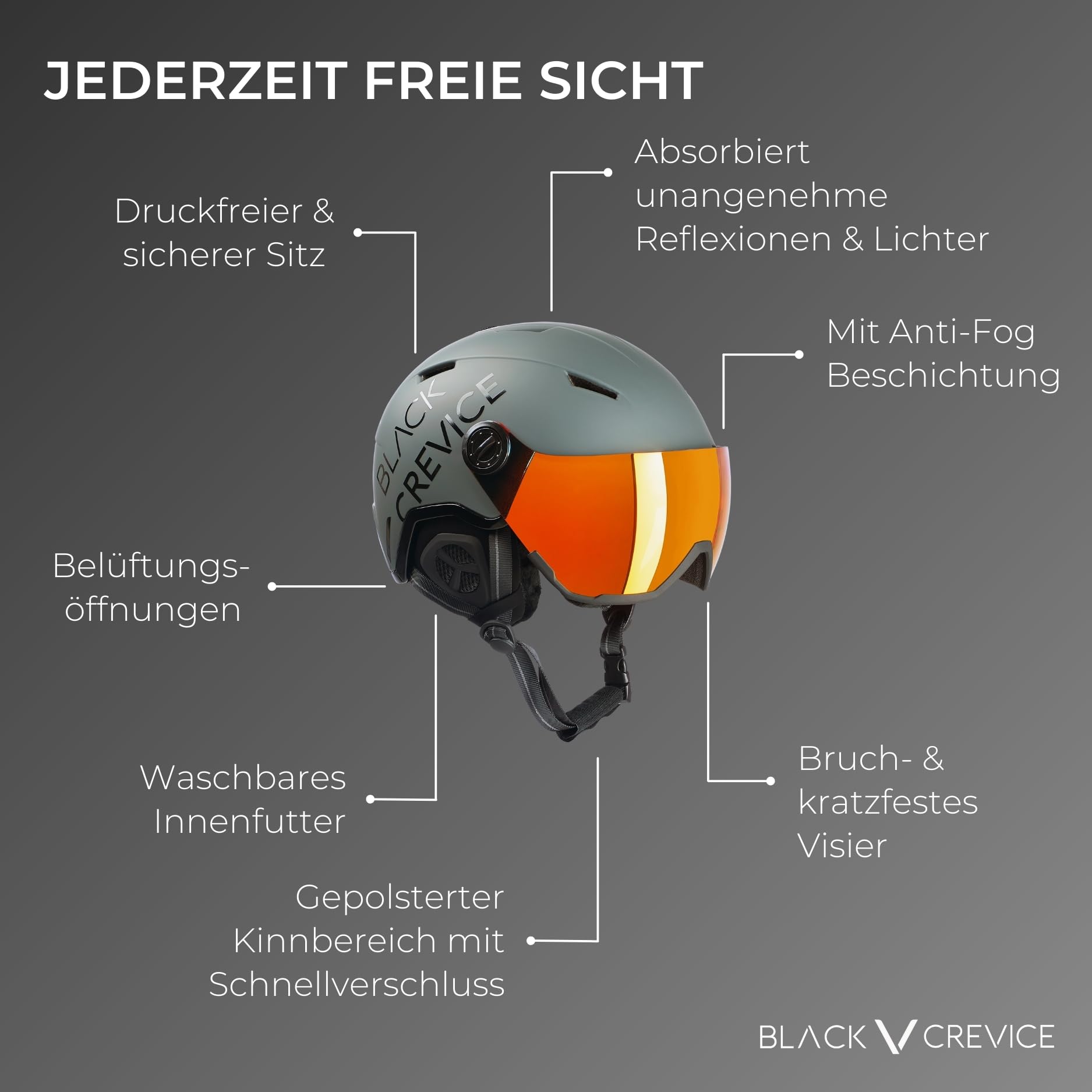BLACK CREVICE Skihelm Vail I Skihelm mit Visier im Pilotenstyle I Skihelm Herren & Damen I Skihelm aus Polycarbonat I Atmungsaktiver Ski-Helm I Größenverstellbar