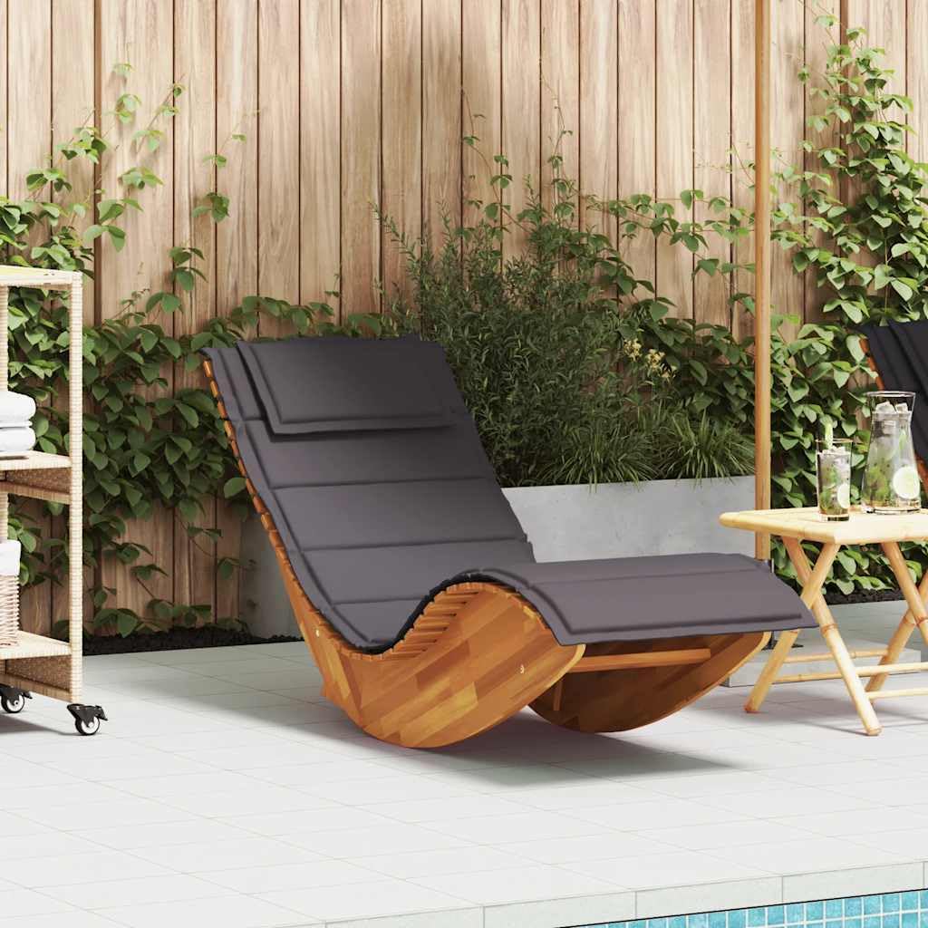 Leżak z litego drewna akacjowego z ciemnoszarą poduszką do ogrodu i basenu, ergonomiczny i stabilny design z optymalną wentylacją