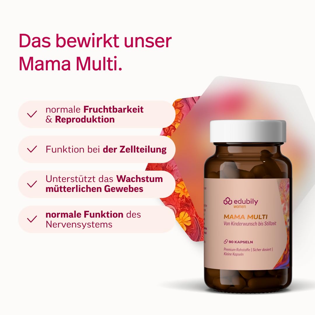 edubily® Mama Multi – Multivitamin für besondere Lebensphasen wie Kinderwunsch, Schwangerschaft & Stillzeit – Nahrungsergänzung mit Folat und ausgewählten Vitaminen (90 Kapseln)