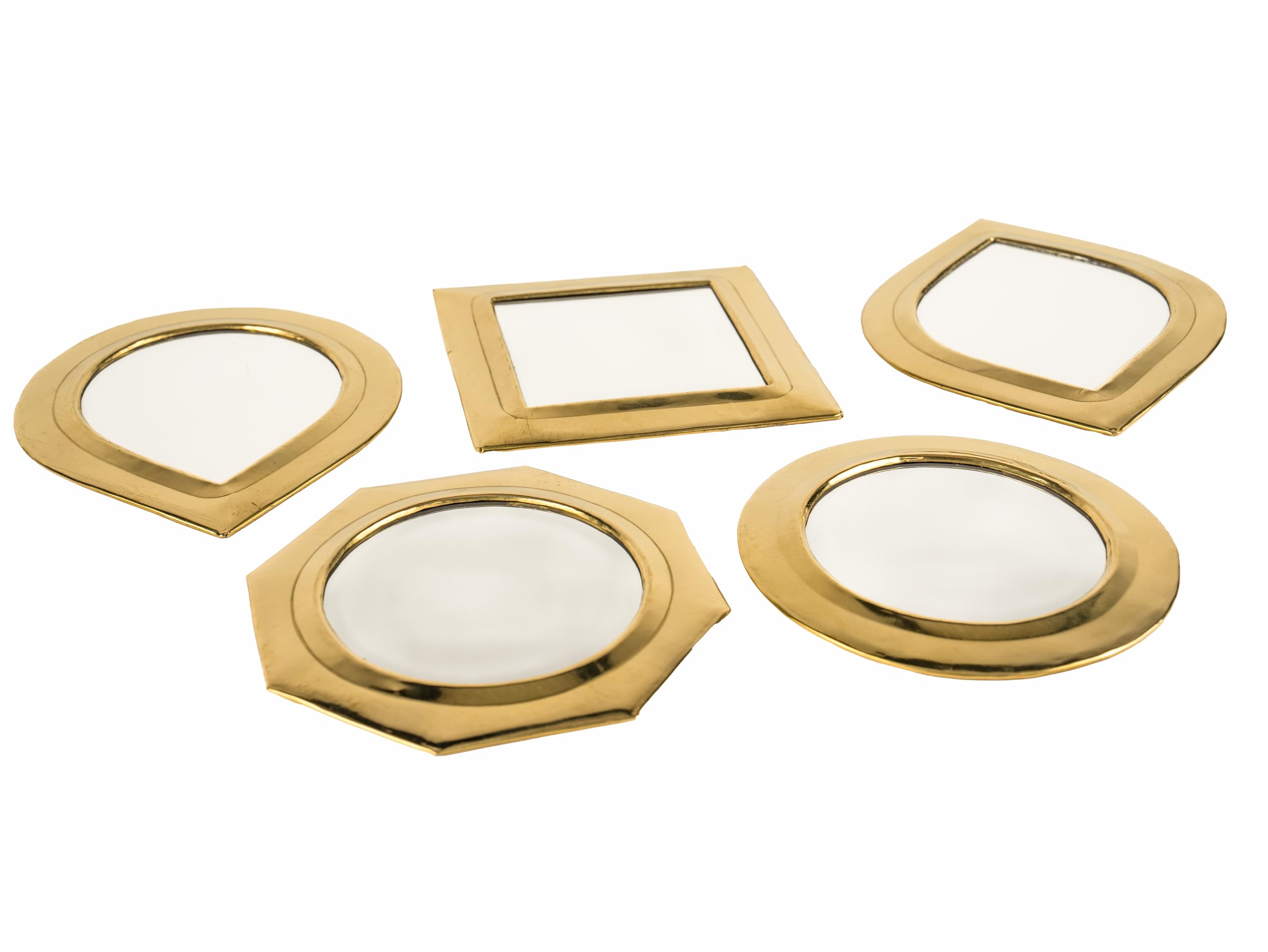 Conjunto de 5 Mini Espejos Decorativos, Marco de Latón Dorado, 10-14 cm, Diseño Marroquí Artesanal, Formas Variadas