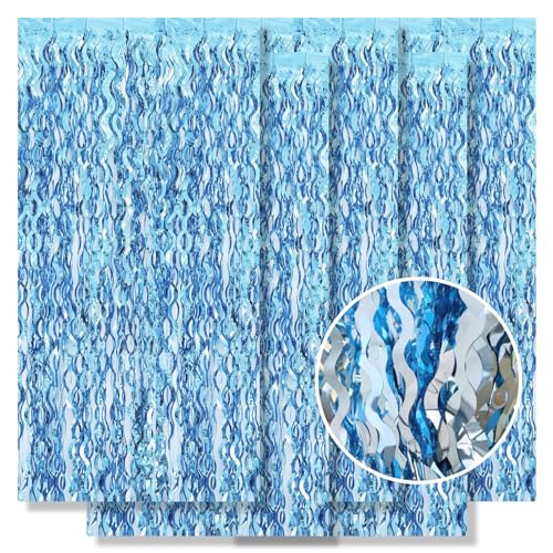 5 Pack Wavy Blue Foil Curtain Backdrop 3.2ft x 6.6ft Wavy Tinsel Foil Fringe Curtains Streamer Backdrop Photo Booth Props for Mermaid Birthday Decoration Under The Sea Party Decorations (Blue)
