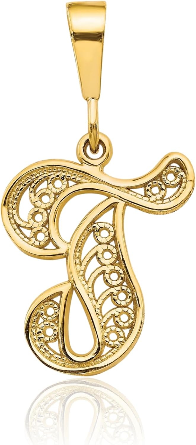 IceCarats 10K Solid Yellow Gold Large Filigree Letter T Pendant Necklace 27mm 1.1 inch Polished, Matte For Her