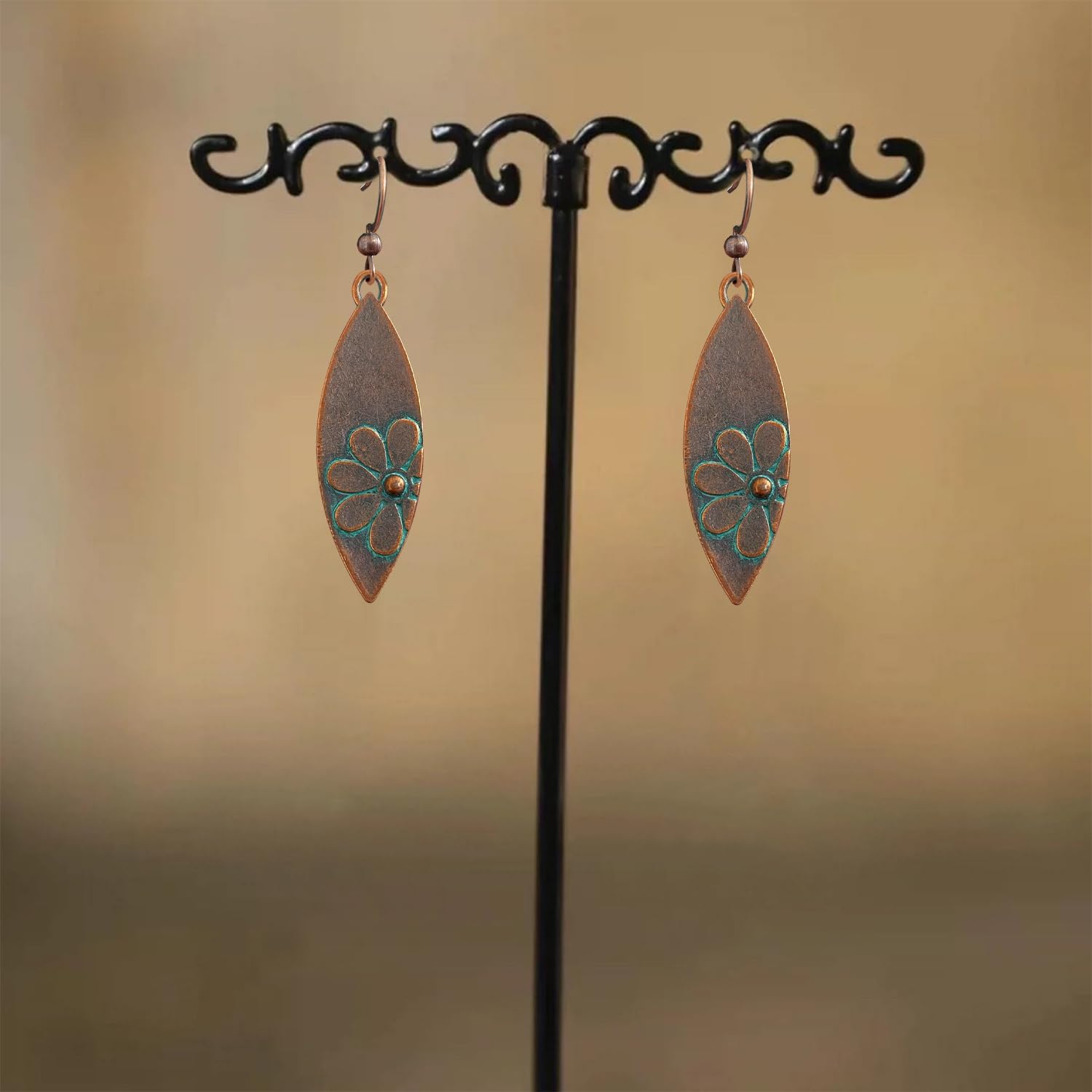 Boho Vintage Copper Sunflower Teardrop Leaf Dangle Drop Earrings Bohemian Trendy Ethnic Geometry Hook Earrings for Women - Image 6