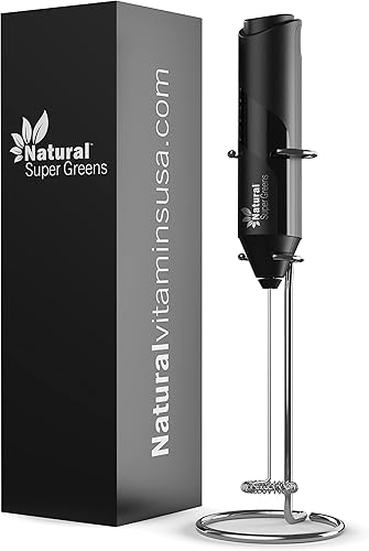 Natural Vitamins Mezclador de mano de alta potencia Mezclador de bebidas de acero inoxidable a pilas Espuma y espumador con soporte para súper