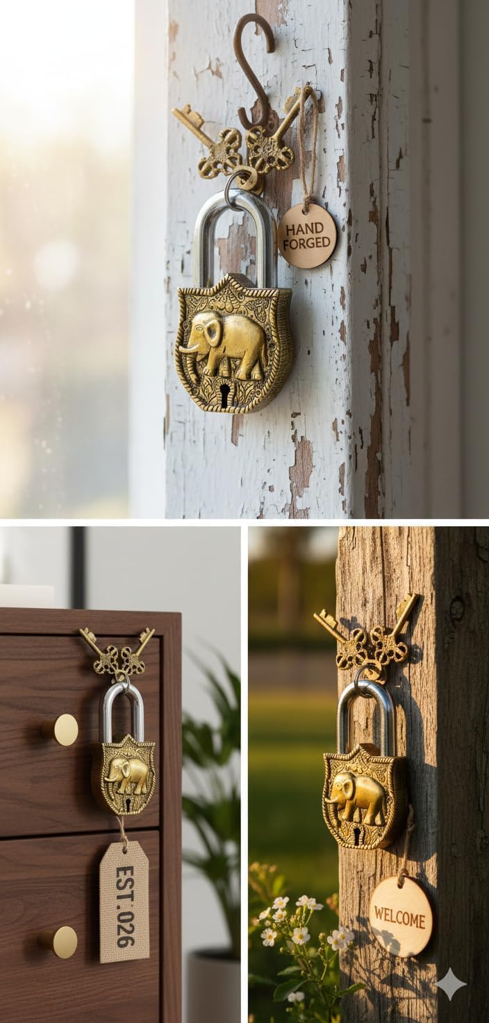 Elephant Engraved Door Lock Antique Style Handmade Brass Padlock with 2 Working Keys