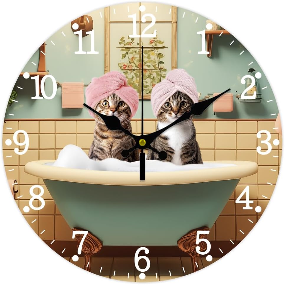CHGCRAFT Bathroom Wall Clock Non-Ticking Clock 12 Inch Cat Round Decorative Clocks Printed Wall Clock for Home Office Decoration