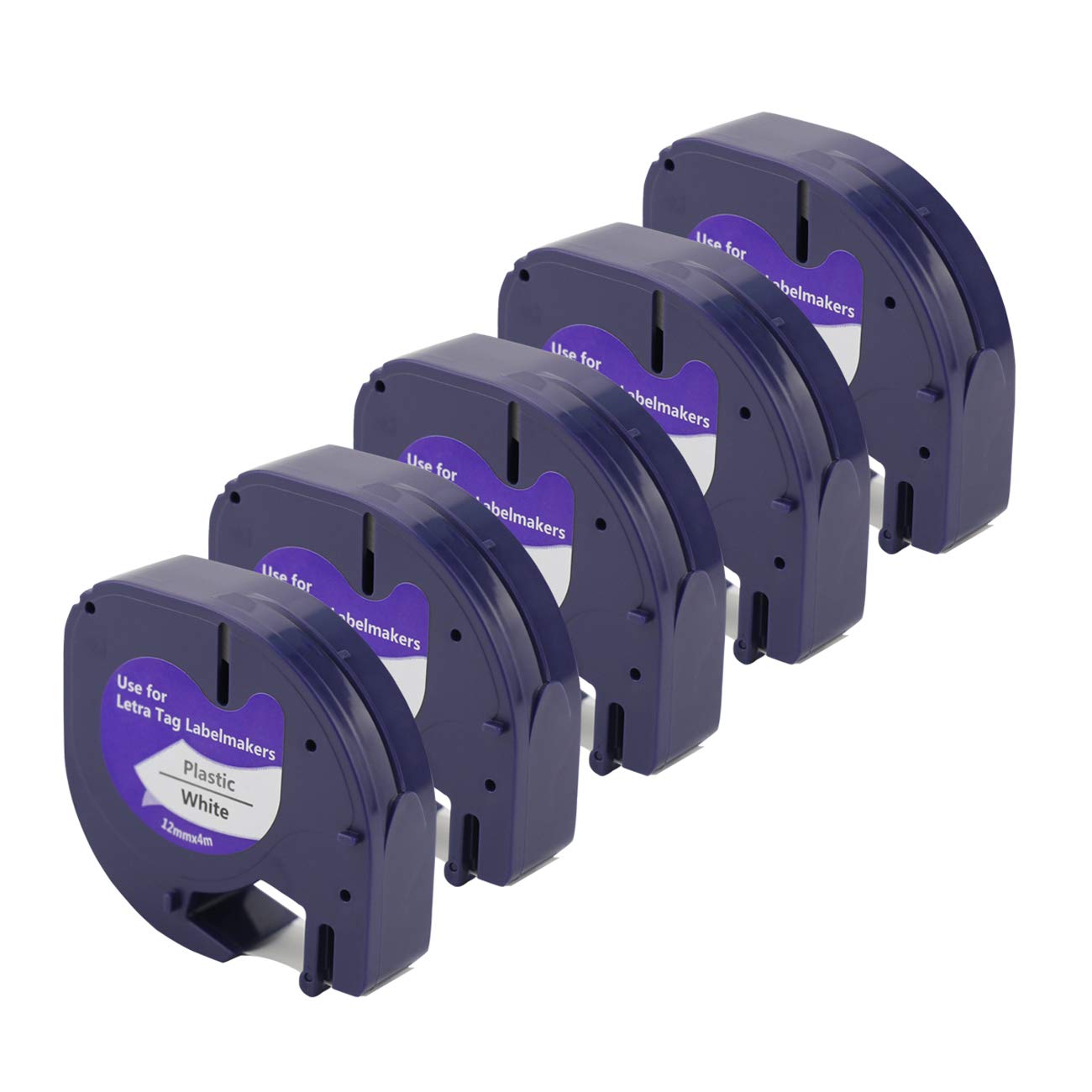 5-Pack White Plastic Label Tape Compatible with Dymo LetraTag Refills 91331, 12mm x 4m (1/2'' x 13') Replacement for Dymo Label Maker LT-100H LT-100T 100H Plus 200b QX50