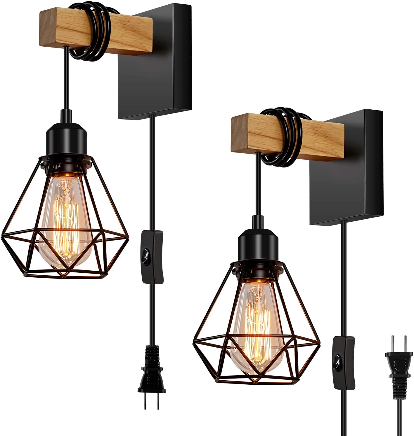 Plug in Wall Sconces Set of Two, Wall Sconce with 8.53FT Switched Power Cord, Rustic Vintage Wall Lights for Bedroom, Bathroom, Entryway, Living Room, Bedroom