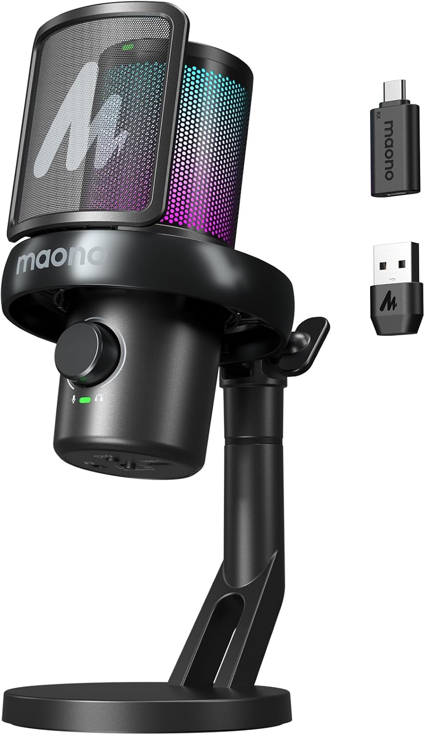 MAONO Microphone Wireless for PC, USB Microphone with Software AI Voice Change, Three-Level Noise Cancellation, Custom RGB Light, Mute, for Gaming, Podcasting, Streaming, Recording, DM40 Pro Black