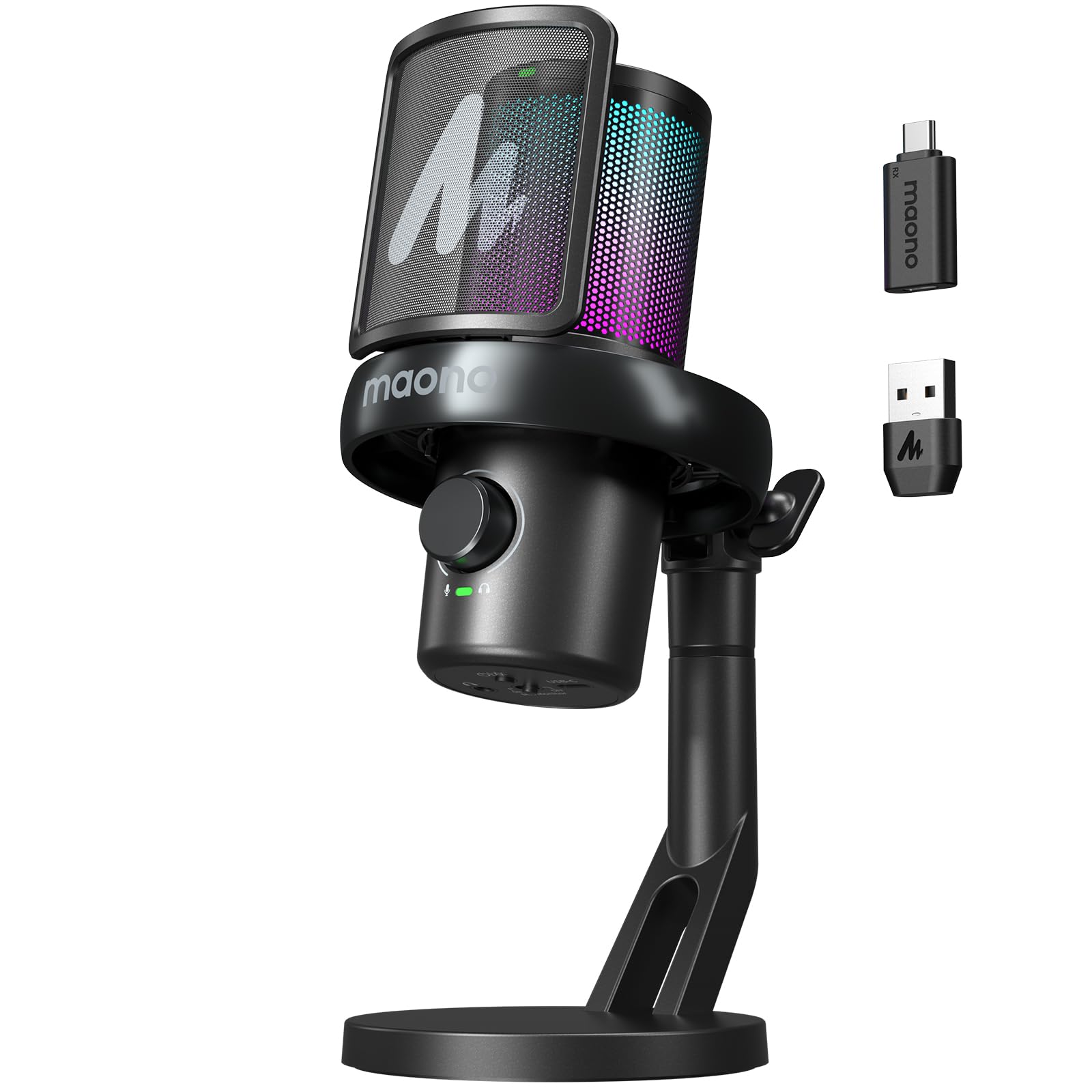 MAONO Mikrofon Kabellos für PC, Mikrofon PC mit Software-KI-Stimmänderung, 3-stufiger Rauschunterdrückung, Benutzerdefiniertem RGB-Licht, Stumm, für Gaming, Podcasting, Streaming, DM40 Pro Schwarz